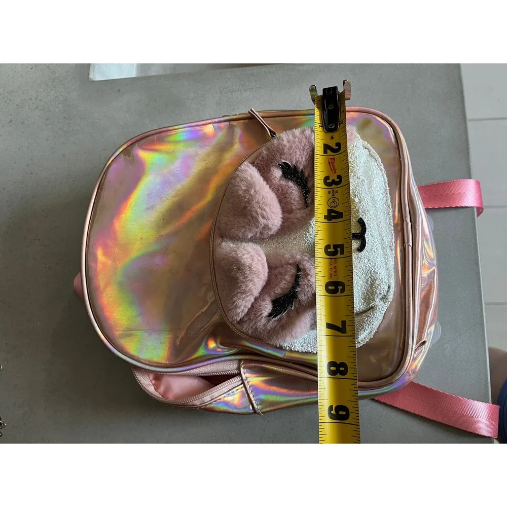 Pink Iridescent Holographic Mini Backpack Plush Animal Face Y2K Kawaii Kids Bag